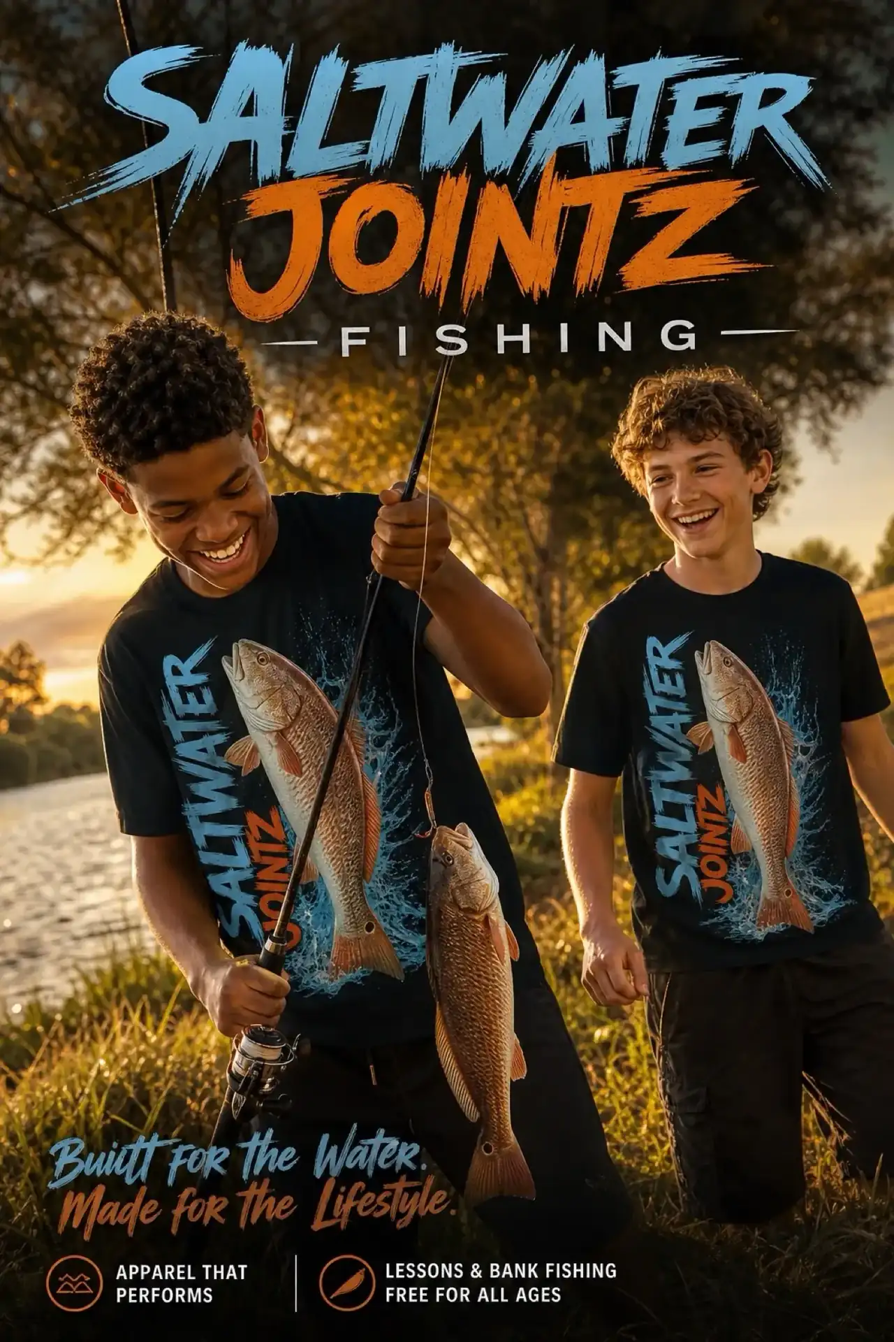 Two boys in Saltwater Jointz shirts holding redfish beneath the words Built for the Water. Made for the Lifestyle.
