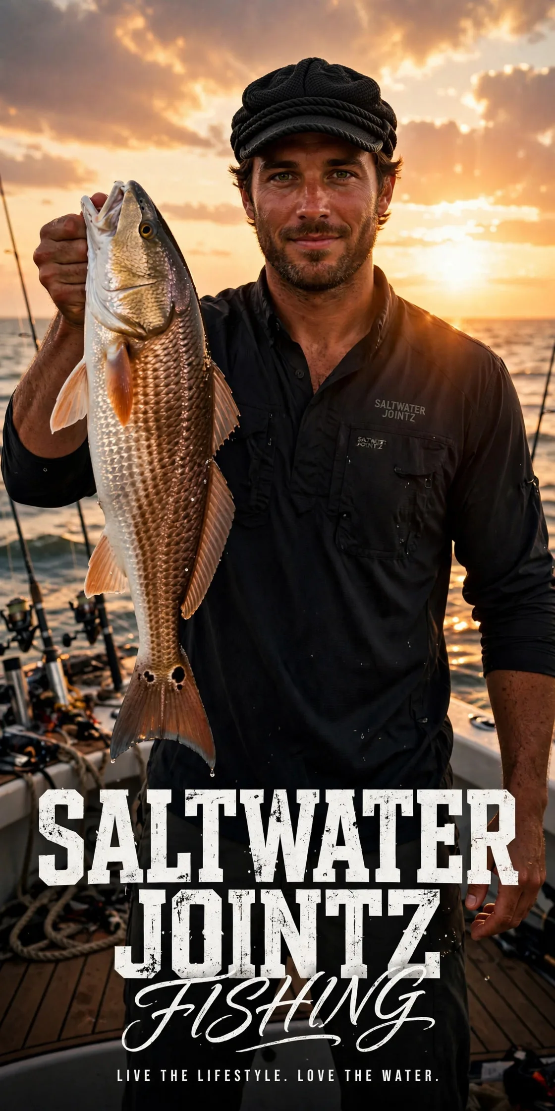 Man holding a redfish on a boat wearing Saltwater Jointz gear at sunset